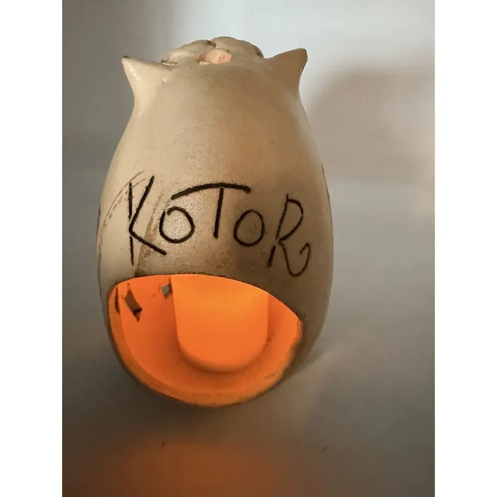 Folk Art Handmade Cat Shaped Ceramic Candle Holder Luminary Decor Votive